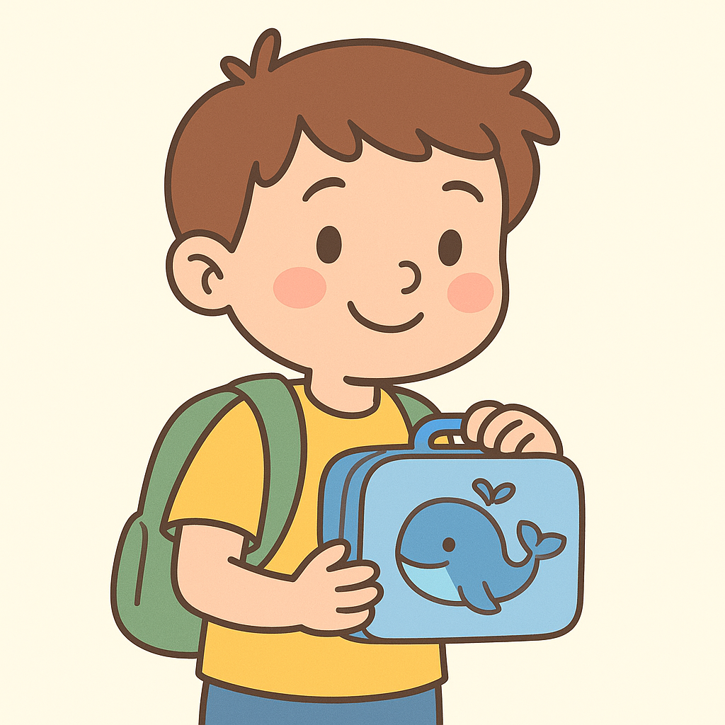 Tom holding a blue lunchbox with a whale