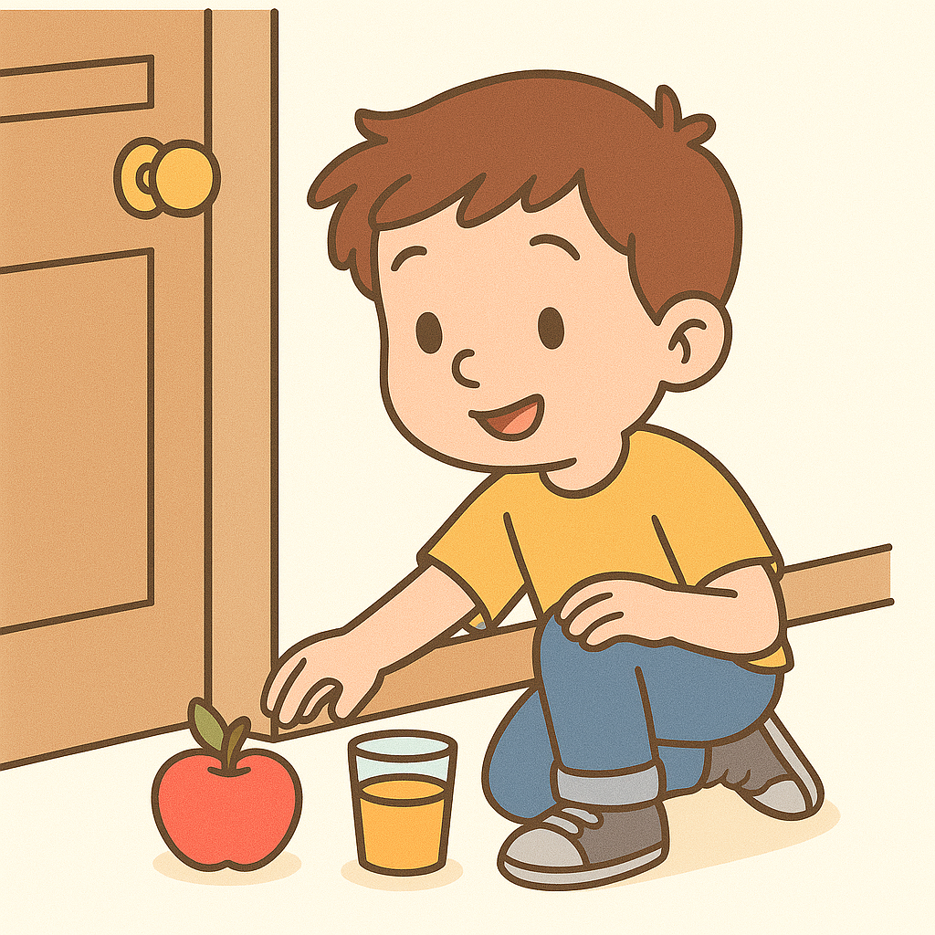 Kids finding apple and juice near classroom door