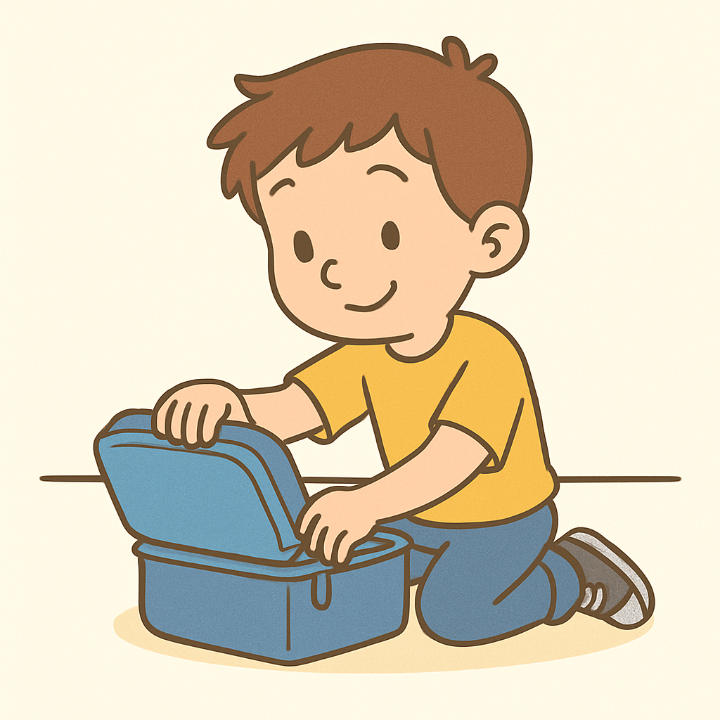 Tom zipping lunchbox tightly, smiling