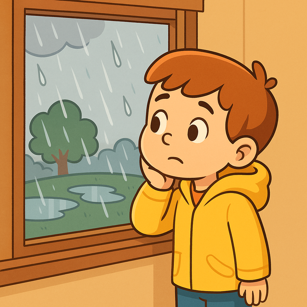 Boy looking out rainy window with puddles outside