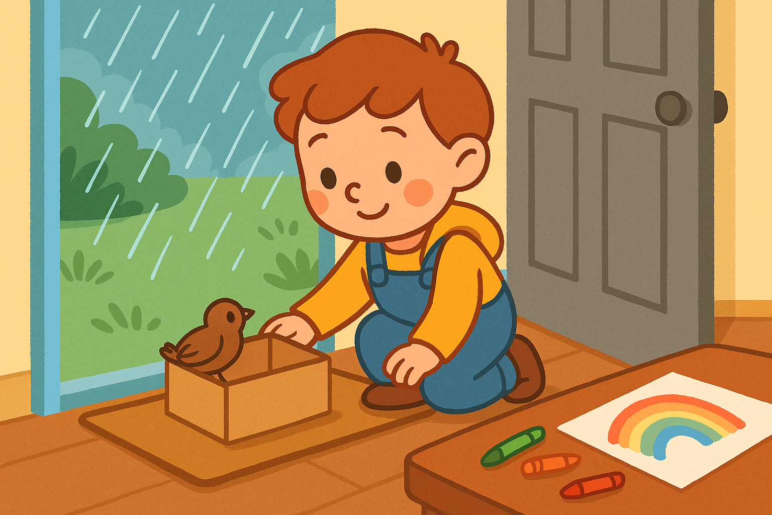 Leo drawing and placing a small box for a bird