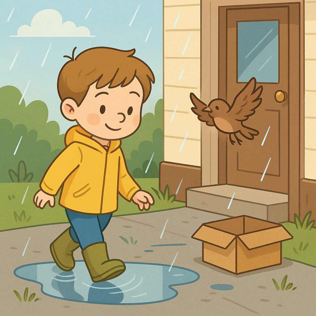 Leo in boots near puddles; bird flying away